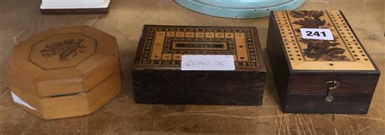 Tunbridge Ware rosewood whist box, an octagonal tesserae bird box and a cribbage box